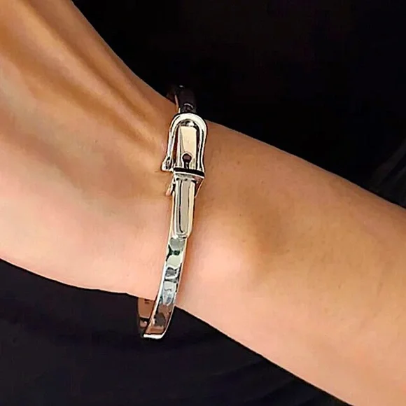 Sterling Silver Buckle Bracelet Bangle Adjustable Unisex Belt Geometric - Picture 3 of 6